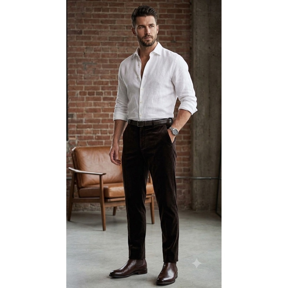 Zara Velvet Trousers Mens 31 Brown Cotton Straight Leg Dress Pants NWOT